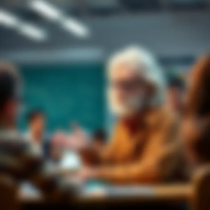 Professor with a fluffy demeanor A friendly professor with fluffy hair engaging with students in a classroom, showcasing a warm teaching style