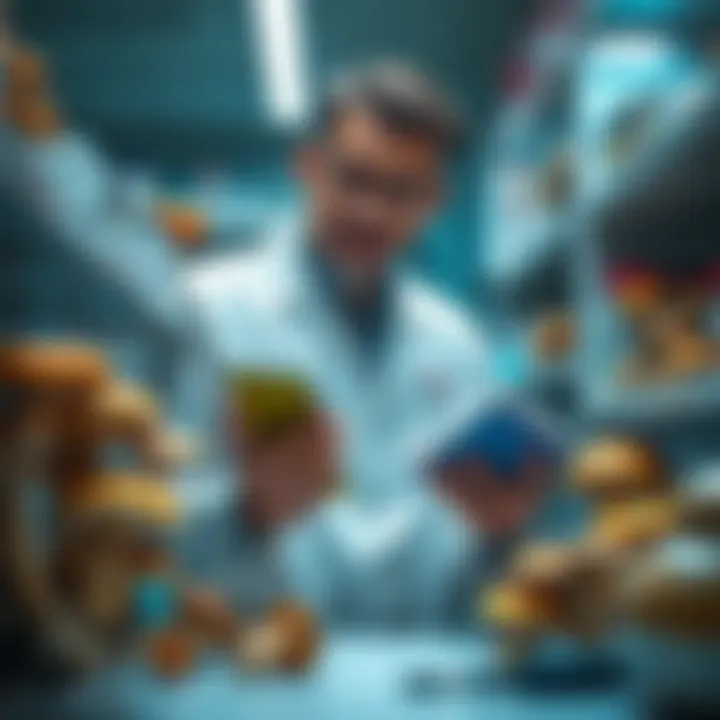 A professor examining various mushrooms in a lab setting, holding a notebook and discussing their medicinal properties