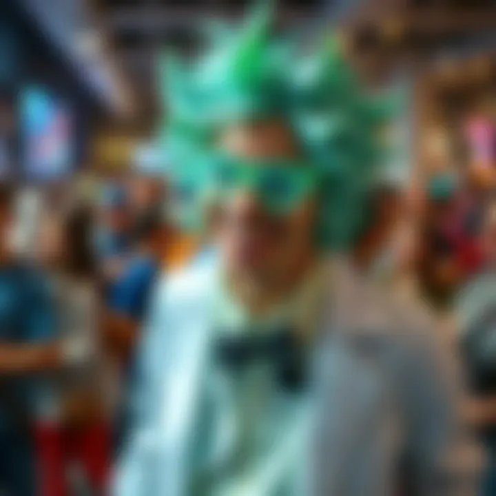Cosplayer in Professor Stein outfit A cosplayer showcases an elaborate Professor Stein costume with a big grin at the ATL Anime Festival, surrounded by fans.
