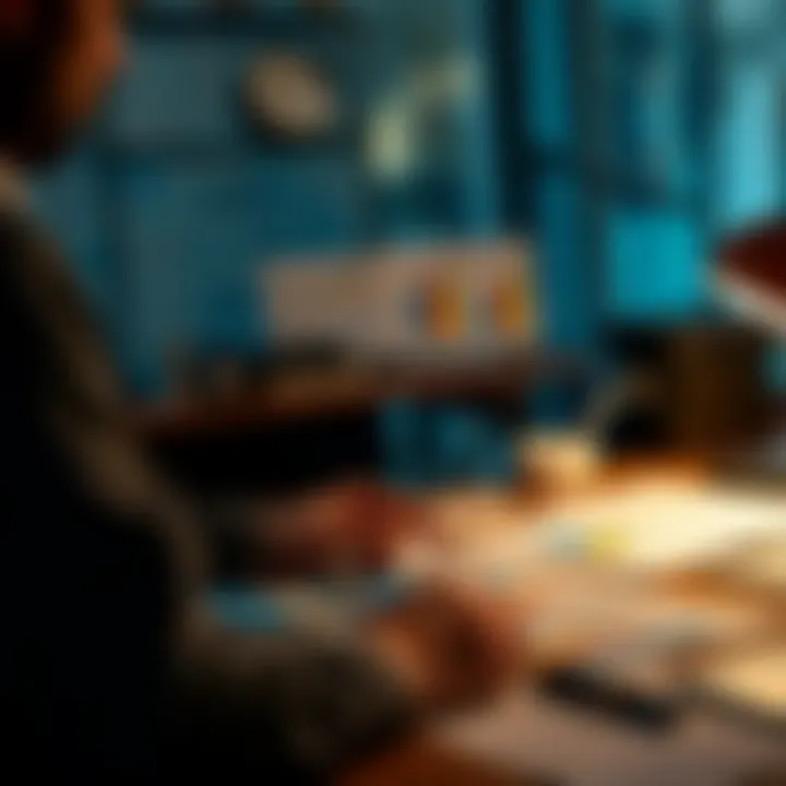 A person considering options at a desk with charts and notes, weighing the decision to continue with a project.