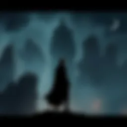 Protagonist Facing Darkness The protagonist stands at the edge of a dark cliff, looking lost and defeated, as a shadowy figure looms behind him, signifying despair and temptation.