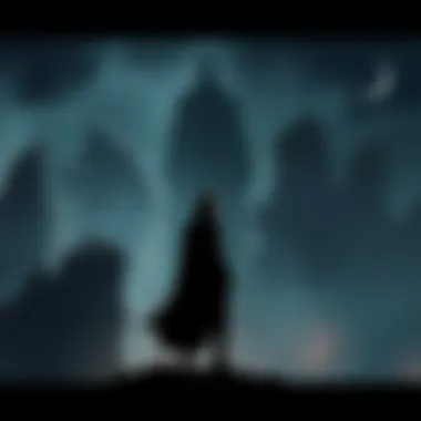 Protagonist Facing Darkness The protagonist stands at the edge of a dark cliff, looking lost and defeated, as a shadowy figure looms behind him, signifying despair and temptation.