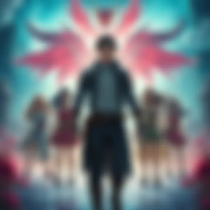 A young man with magical abilities stands in a vibrant fantasy setting, surrounded by beautiful girls, while a looming sense of danger is in the background.