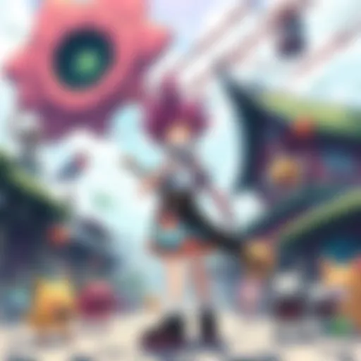 A colorful character with wild hair holding a quirky weapon, standing in a strange village filled with bizarre creatures and chaotic scenery, representing the humor and absurdity of KamiKatsu.