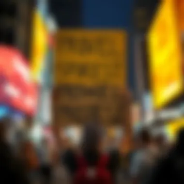 A bright protest poster with bold text and graphics advocating for social change, held up by an artist in a public space.