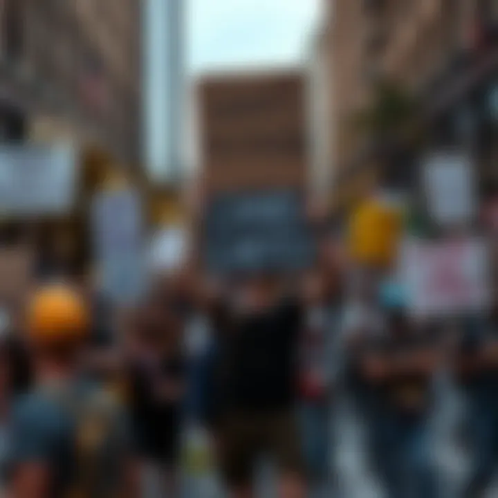 Protesters in the Street A diverse group of people holding signs during a protest, expressing their views on current societal issues.