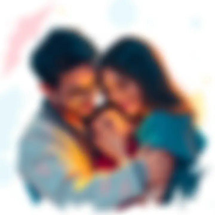 A colorful depiction of two parents lovingly looking at their child, capturing the warmth and joy of family life.