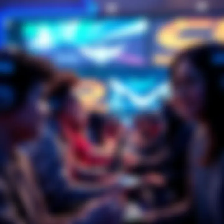 Group of gamers participating in a PS5 tournament, focused on their screens and having fun