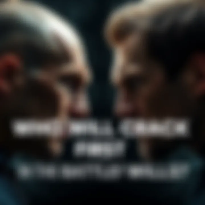 Two strong individuals face each other with intense expressions, symbolizing a battle of wills.