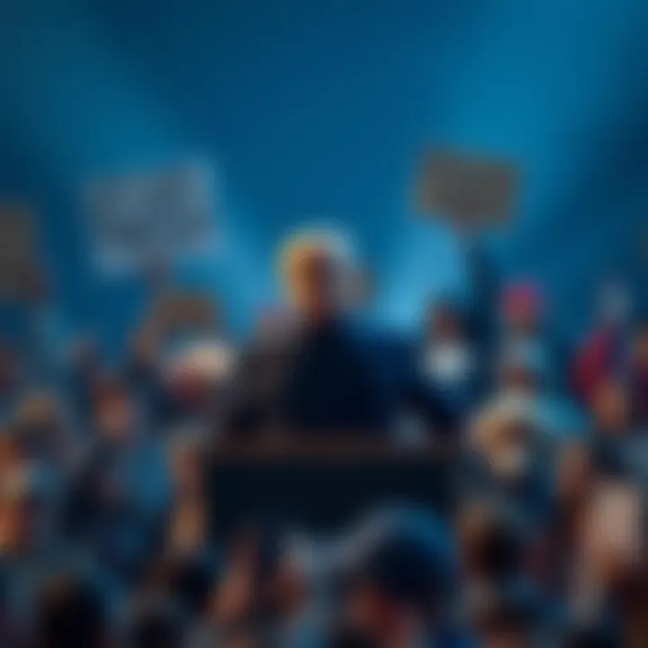 A controversial public figure stands at a podium while an unhappy crowd expresses their discontent with signs and gestures.