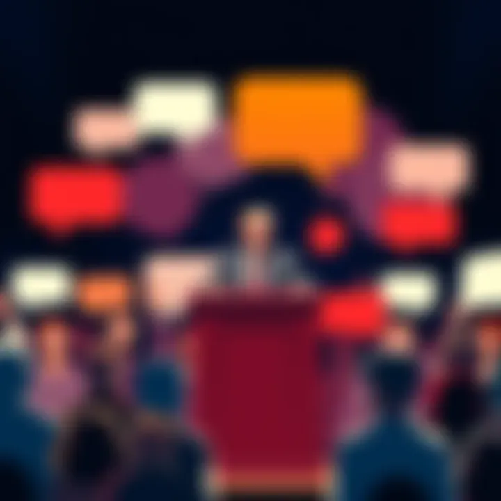A public figure stands at a podium with various speech bubbles around them, showing people's differing opinions and reactions, illustrating the debate they have sparked.