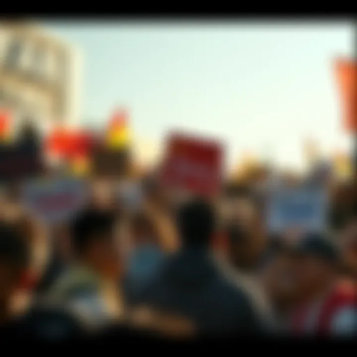 Crowd of people protesting with signs criticizing Yang's leadership and policies.