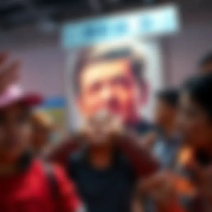 People expressing dislike for a public figure A group of diverse individuals showing unhappiness while looking at a large poster of a famous person, reflecting mixed emotions of resentment and disdain.