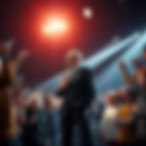 A public figure standing under bright lights while people express their opinions around him, showing mixed reactions.