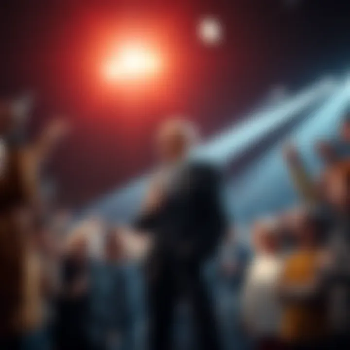 A public figure standing under bright lights while people express their opinions around him, showing mixed reactions.