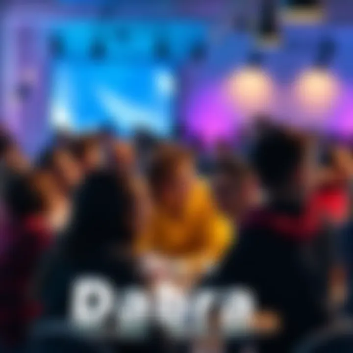 A group of diverse people discussing their thoughts on Dabra in a community forum setting.