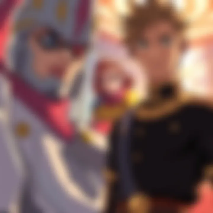 Pucci stands confidently with a knowing expression, while Hermes looks surprised, revealing her Stand powers in the background during a dramatic scene.