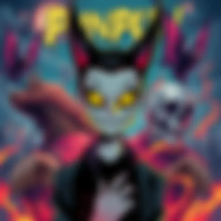 Colorful illustration featuring the main character PunPun surrounded by symbolic imagery representing dark themes in the story.