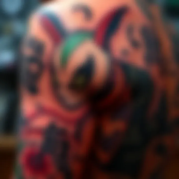 A detailed tattoo of PunPun showcasing vibrant colors and intricate designs, reflecting personal meaning for the owner.