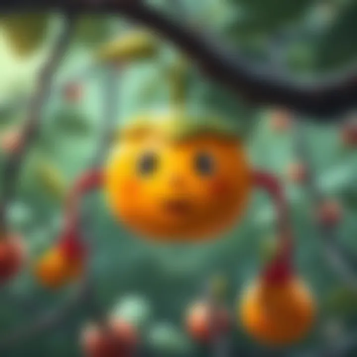 Illustration showing the Puppet-Puppet Fruit, a colorful fruit with puppet-like features, representing its ability to control puppets and manipulate others in JJK.
