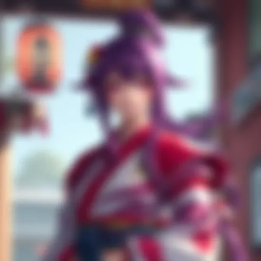 A purple-haired miko character stands confidently, showcasing design elements similar to Towa, with traditional attire and a striking pose.
