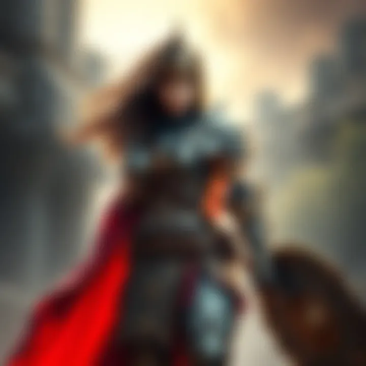 A strong female warrior in armor stands confidently, ready for battle, symbolizing survival and strength.