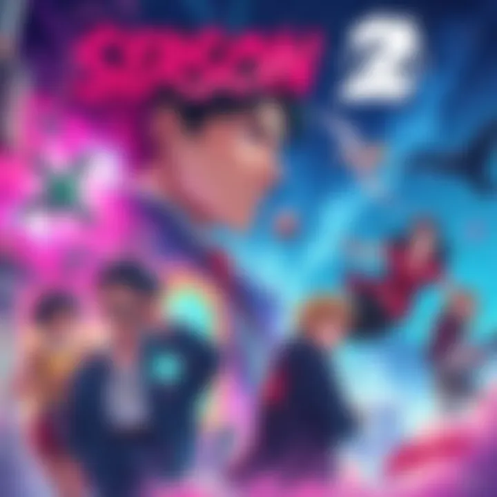 A colorful illustration by Q Hayashida showcasing key moments from Season 2, filled with vibrant characters and dynamic scenes.