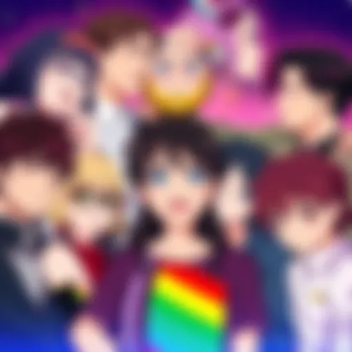 A group of diverse queer anime characters representing various LGBTQ+ themes and emotions, showcasing friendship and love.