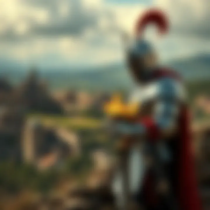 A knight in armor searches for the Holy Grail, with Excalibur at his side and a backdrop of medieval landscapes.