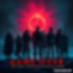 A dramatic view of characters from Quetzalcult's story standing together, reflecting on their journey as they face a new beginning, with a dark and vivid backdrop symbolizing the end of an era.