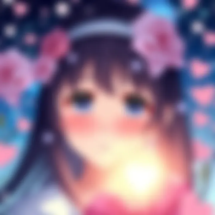 A quiet girl character from anime with a gentle expression and dreamy eyes, surrounded by romantic elements like flowers and hearts, symbolizing her journey in love.