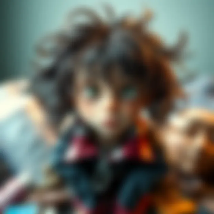 A funny character with messy hair and quirky clothes, surrounded by unwashed items, suggesting a lack of personal hygiene.