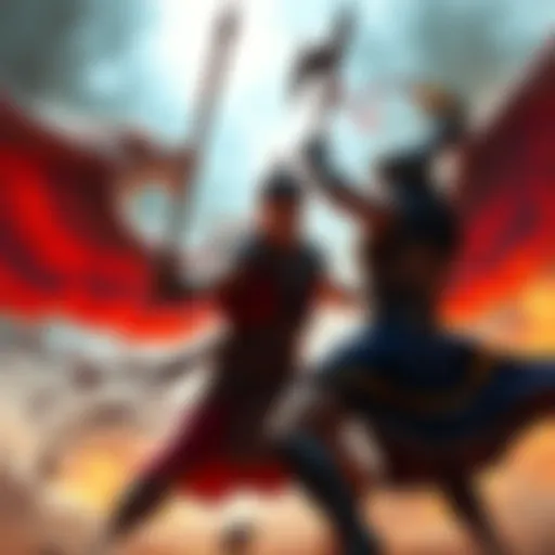 A dramatic scene showing Ra, the Egyptian sun god, in battle with a formidable human fighter, highlighting their strengths and skills in an epic showdown.