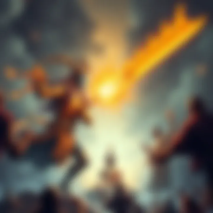 An illustration of Ra wielding a glowing divine weapon, facing off against humans in an epic battle setting, while a serene representation of Buddha is seen in the background