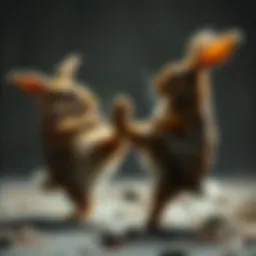 A rabbit executing a drop kick while facing another rabbit, showcasing its defensive behavior in a playful rivalry