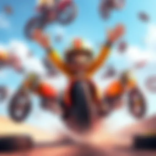A cartoon character named Racer is raising hands, summoning various bikes and tires floating around him. The scene is vibrant and whimsical, showcasing the unexpected ability in a fun way.