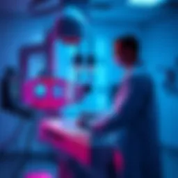 A doctor using radiation technology for patient treatment in a clinical setting.