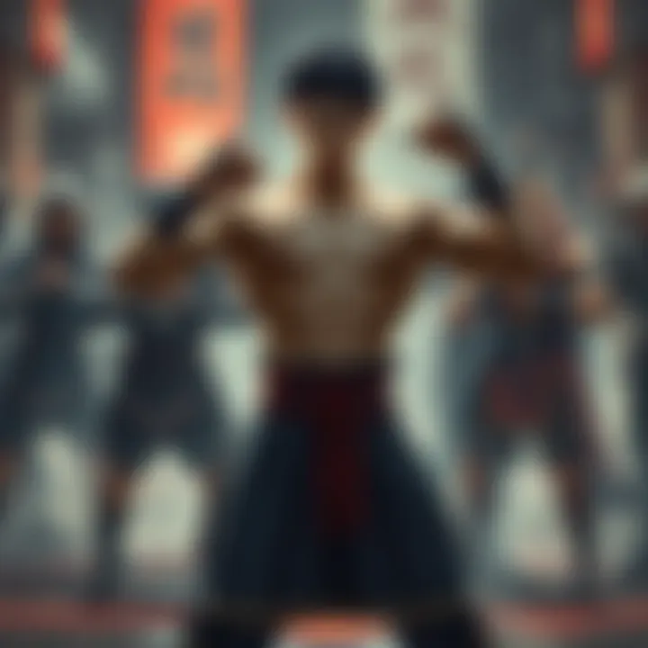 Raian standing confidently in a fighting stance, highlighting his durability against a backdrop of other fighters ready for battle.