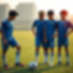 A group of young soccer players wearing Raimon uniforms, discussing lineup changes with a soccer ball nearby, set on a grassy field.