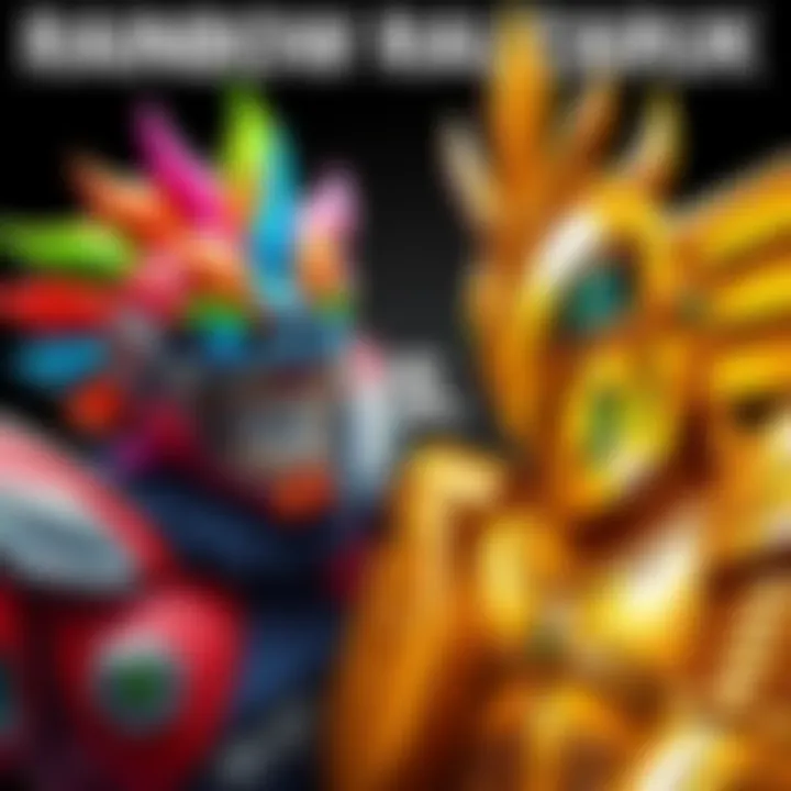 A vibrant comparison of Rainbow Rauzaruk featuring colorful elements alongside the sleek Golden Rauzaruk, showcasing their unique traits.