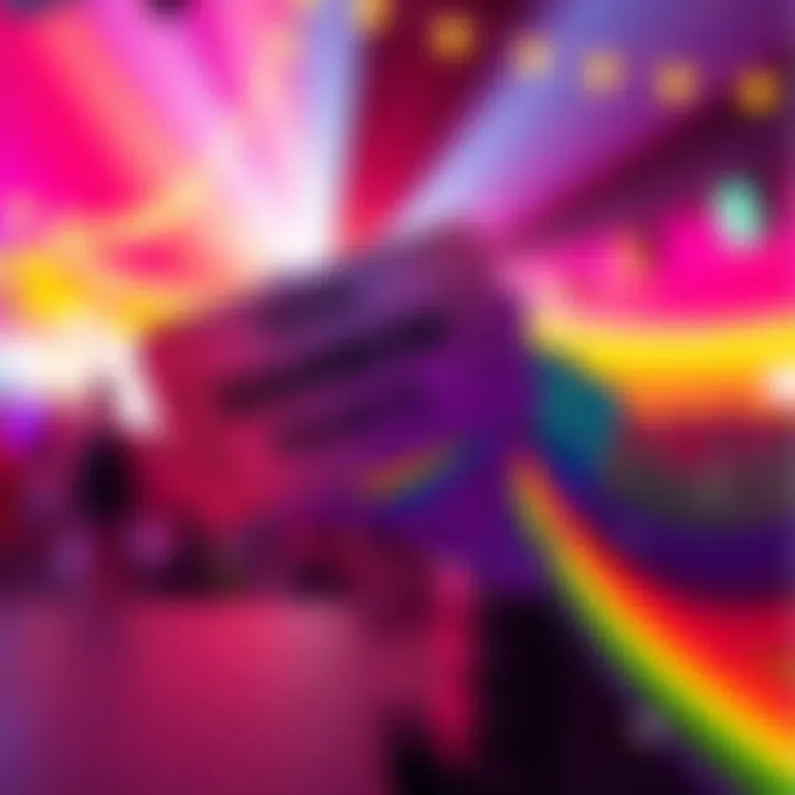 A vibrant illustration of rainbow tickets with colorful patterns, highlighting urgency for purchasing, set against a festival backdrop.