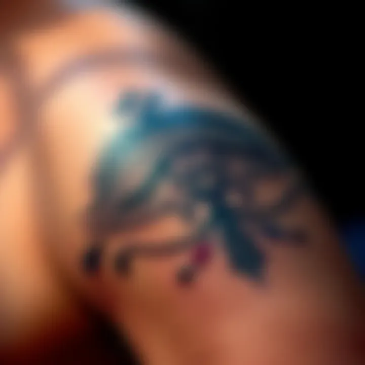 Close-up of a Rakka tattoo on the author's arm, showing intricate design and details