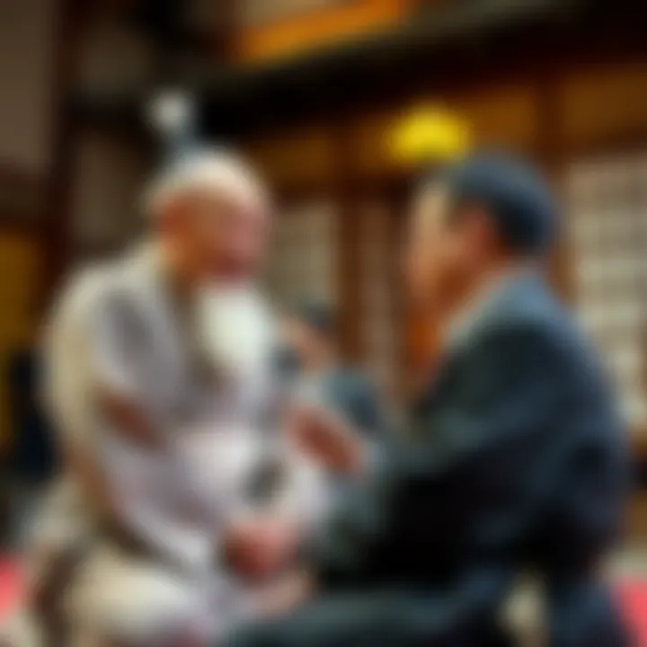 A Rakugo master performs while an apprentice observes closely, showcasing the storytelling art in action.
