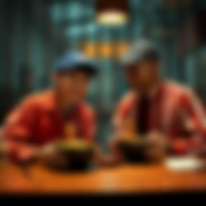 A person and a prison warden sharing ramen at a table, both smiling and enjoying their meal, with steam rising from the bowls