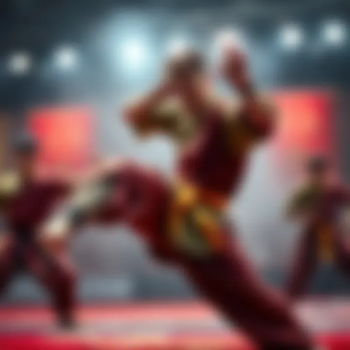 Ran showcasing his martial arts skills, confidently sparring against opponents in a competitive setting