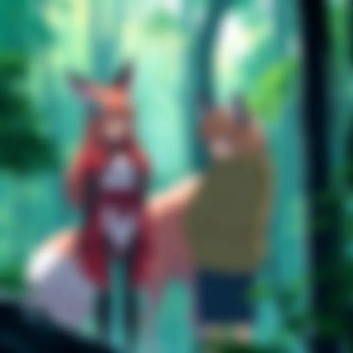 Ran and Yuuma in the Forest Ran, a nine-tailed fox, stands near Yuuma in a lush green forest, both looking thoughtful. Ran showcases her fox-like features, while Yuuma appears curious, hinting at their complex relationship.
