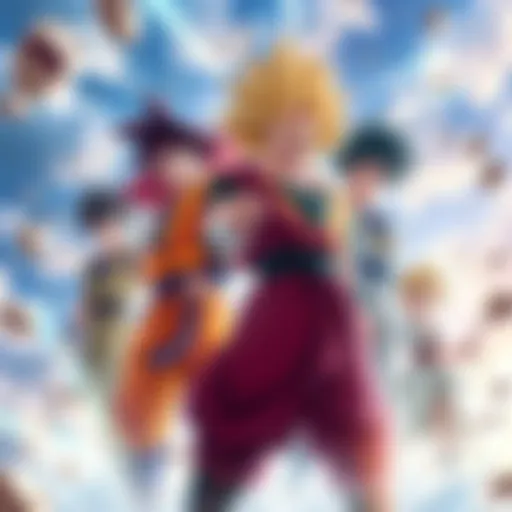 A lineup of iconic anime and game characters including Anos Voldigoad and Goku in a dynamic pose representing their power.