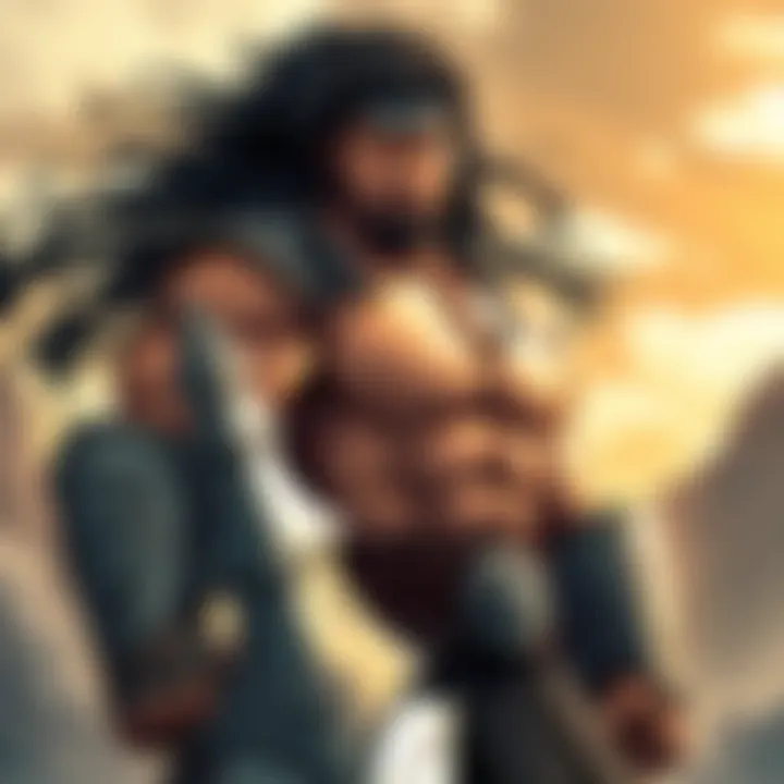 Raoh, a muscular warrior with a fierce expression, stands confidently in a rugged landscape, showcasing his iconic armor and long flowing hair.