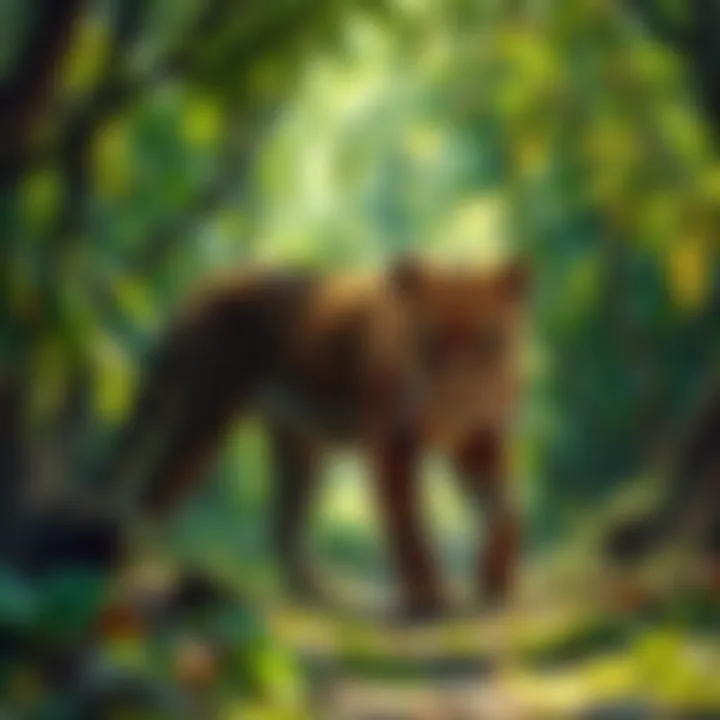 A Raora Panthera walking through a lush green forest, showcasing its unique features and natural habitat