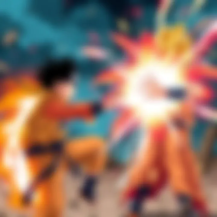 Naruto performs Rasengan while Goku charges Kamehameha, showcasing a battle of iconic attacks.